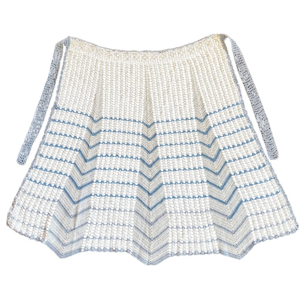 Vintage Hand-Crocheted Crochet Half Apron Blue & White Chevron Pattern